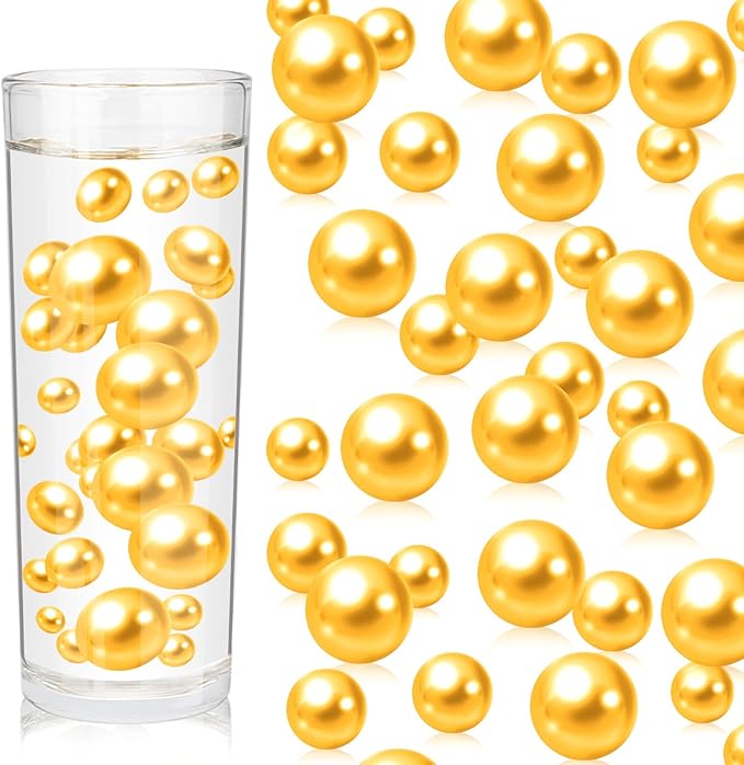 100PCS Golden Yellow Faux Pearls Beads for Centerpiece Vases, Vase Filler Faux Pearls, No Holes Filler Beads for Party Mardi Gras Wedding Table Decor, 14/20/30mm
