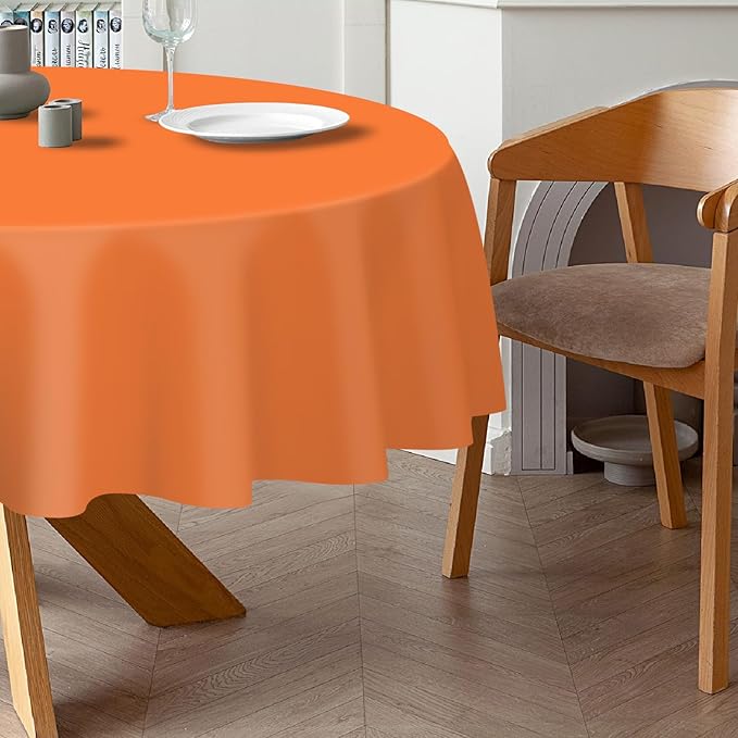 QIKSION Orange Round Tablecloth 3 Pack, 84 Inch Plastic Table Cover Disposable for Parties