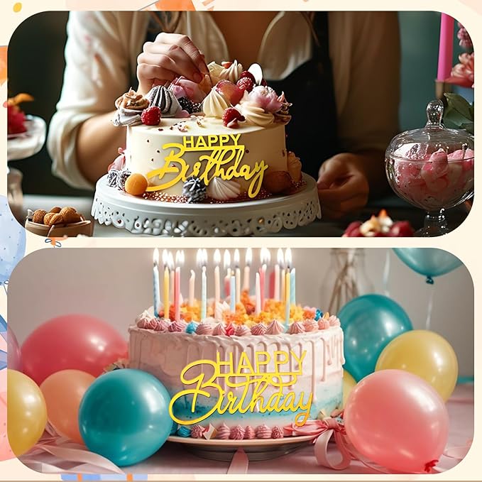100 Pcs Happy Birthday Cake Toppers Mirror Acrylic Cupcake Topper Cupcake Decorations Happy Birthday Sign for Cake Side Inserts Decor Party Supplies 10 Style(Gold)