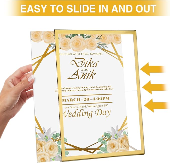 EHWINE 12 Pack Acrylic Sign Holder 8.5 x 11, Gold Picture Frame Stand up Table Top Sign Holders, Slanted Back Paper Holder Clear Display Stand Menu Flyer Holder for Wedding Party