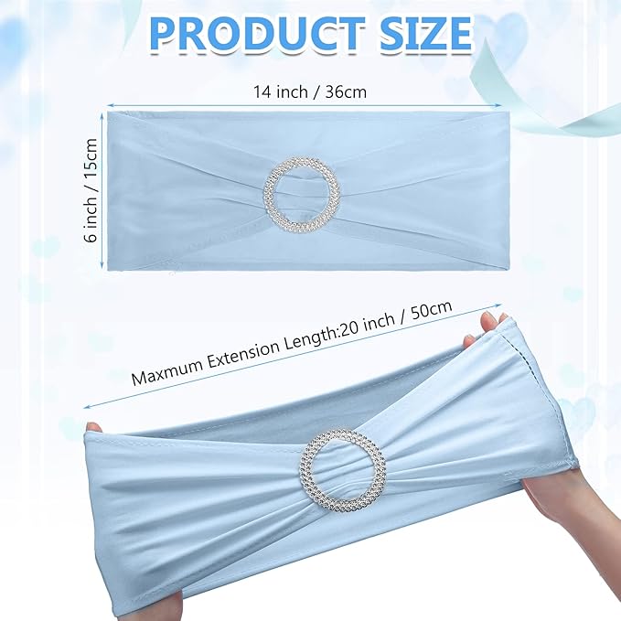 CHENGU 150 Pieces Spandex Stretch Chair Sashes Bows Elastic Chair Cover Bands Ties with Buckle Slider for Wedding Party Reception Events Universal Ceremony Banquet Decorations (Sky Blue)