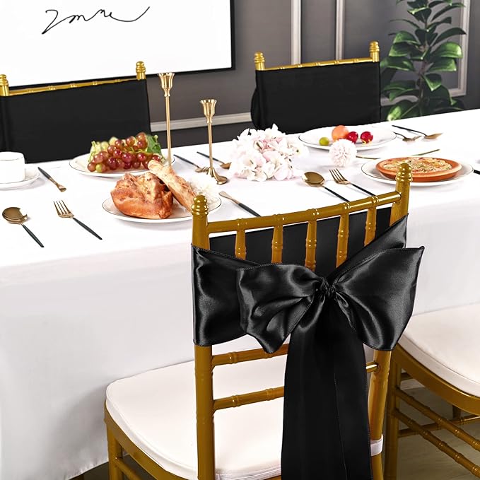 fani 60 PCS Black Satin Chair Sashes Bows Universal Chair Cover for Wedding Reception Restaurant Event Decoration Banquet,Party,Hotel Event Decorations (7 x 108 inch)