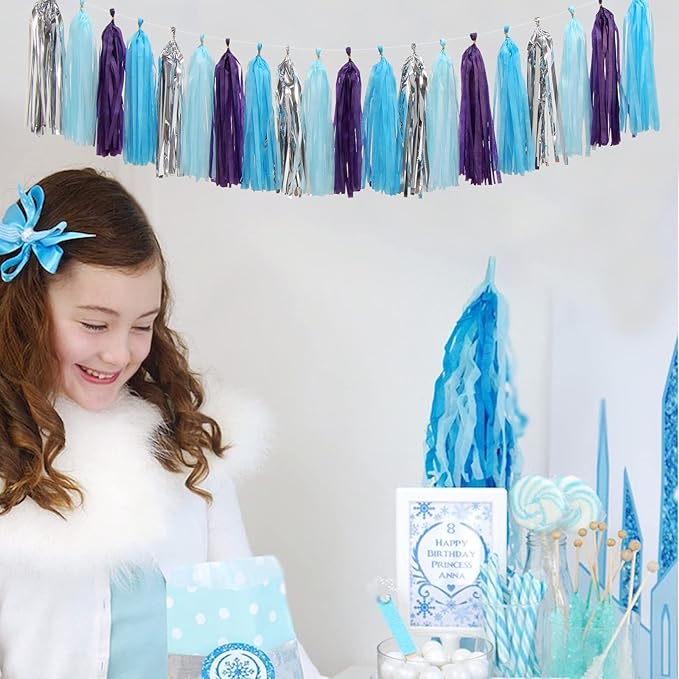 Purple-Blue Silver Frozen Party-Decorations Tassel-Garland -20pcs Winter Girl Birthday New Year Christmas Tassels Banner Streamers Wonderland Mermaid Baby Shower Wedding Supplies Party Decor Panduola