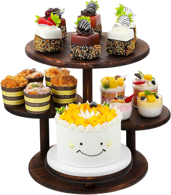 4 Tier Round Cupcake Tower Stand, Wooden Rotatable Cupcake Stand for 50 Cupcakes 360° Whirling Large Dessert Display Tiered Rustic Cake Tower for Wedding Birthday Graduation Baby Shower Tea Party