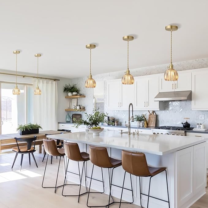 Vintage Gold Pendant Light, Pendant Light Fixtures with 70 Inch Cord and Amber Tulip Glass Lampshade, Ideal for Kitchen Island, Dining Room, Bedroom, Living Room & Entryway (Hardwired)