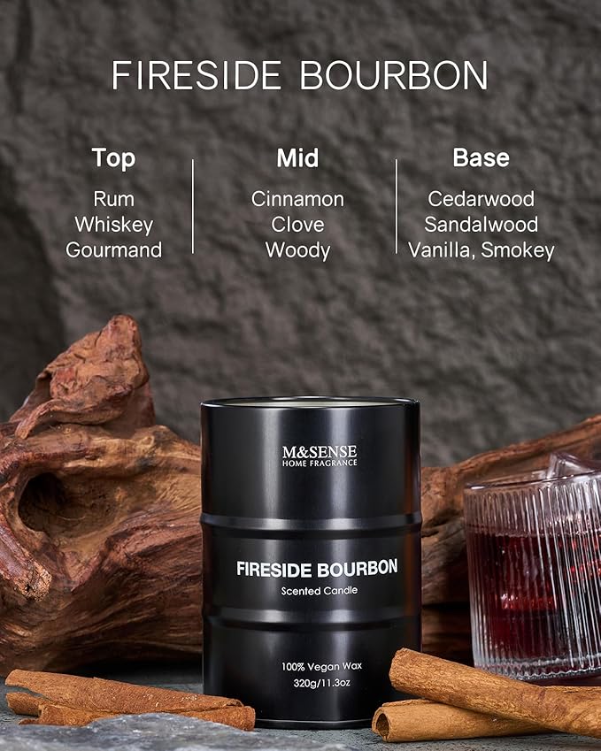 M&SENSE Scented Candle, Fireside Medium Jar Candle Gifts for Men, 70 Hours Slow Burning Natural Soy Candles 11.3oz, Stress Relief Aromatherapy Candles Home Decor, Valentines Day Gifts for Him