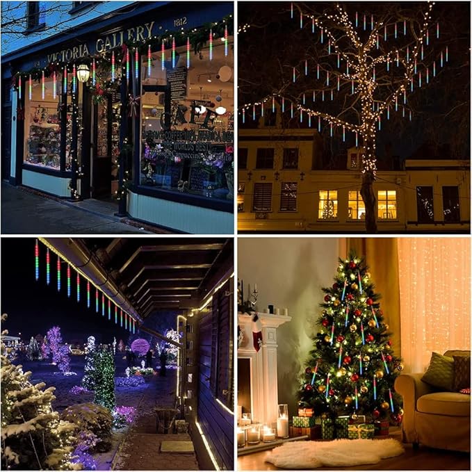 Meteor Shower Outdoor Christmas Lights 32 Tube 768LEDs Snow Falling Rain Cascading Icicle Light for Christmas Halloween Tree Decorations Wedding Party Garden Decor, UL Plug Multi Color