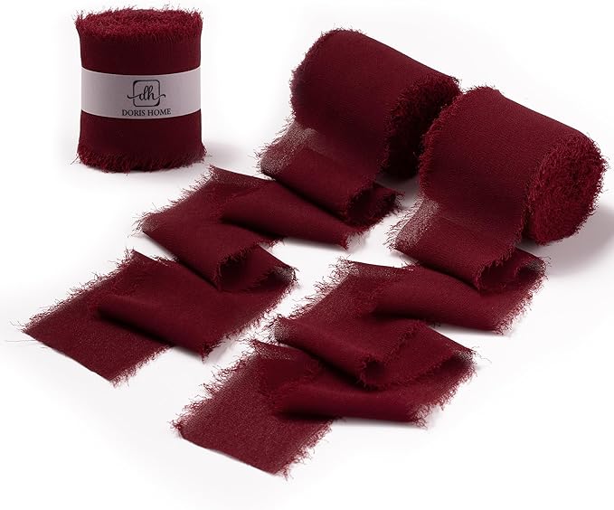 DORIS HOME Burgundy Chiffon Ribbon for Flower Bouquet, 2" x21Yd Fabric Ribbon for Gift Wrapping, Handmade Frayed Ribbon for Wedding, Chiffon Silk Ribbon for Christmas Decorations