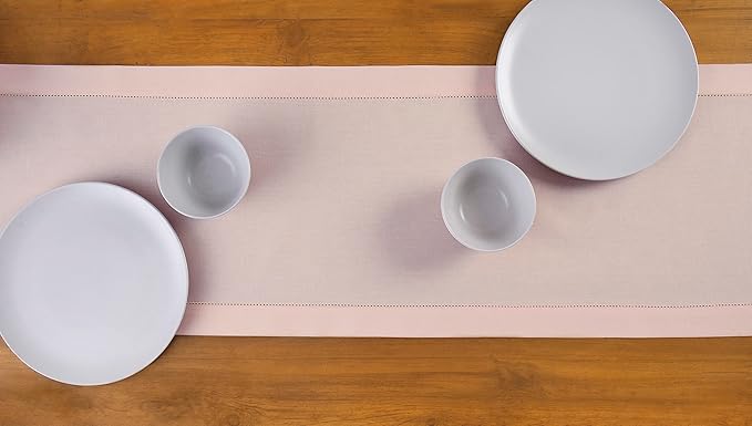 Solino Home Cotton Linen Pink Table Runner 72 Inches Long - Hemstitch Table Runner 14 x 72 Inch for Dresser, Dining, Fall, Autumn, Halloween, Thanksgiving, Christmas