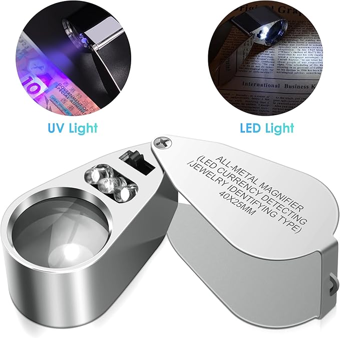 Leffis 2 Pack 40X Jewelers Loupe Magnifier Magnifying Glasses, LED/UV Illuminated Jewelry Loop Pocket Folding Magnifying Glass with Metal Construction for Jewelry, Stamp, Rock Collecting