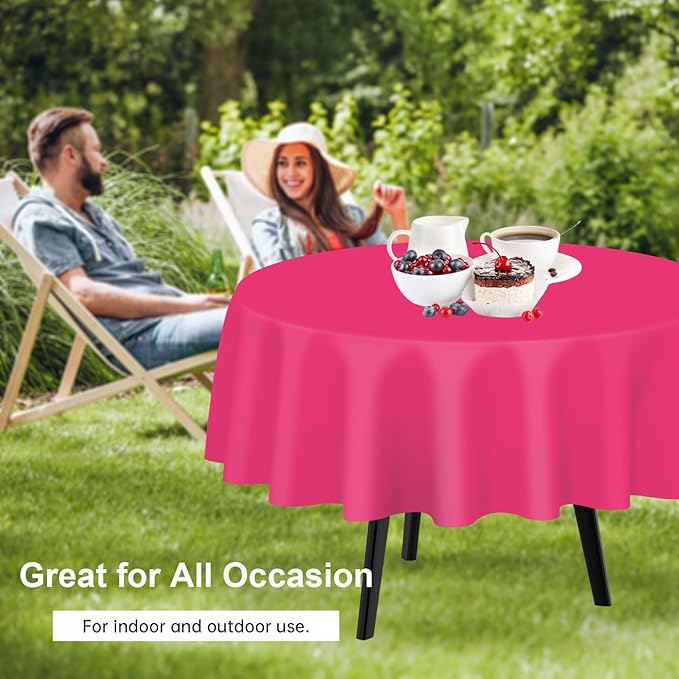 QIKSION Hot Pink Round Tablecloth 6 Pack, 84 Inch Plastic Table Cover Disposable for Parties