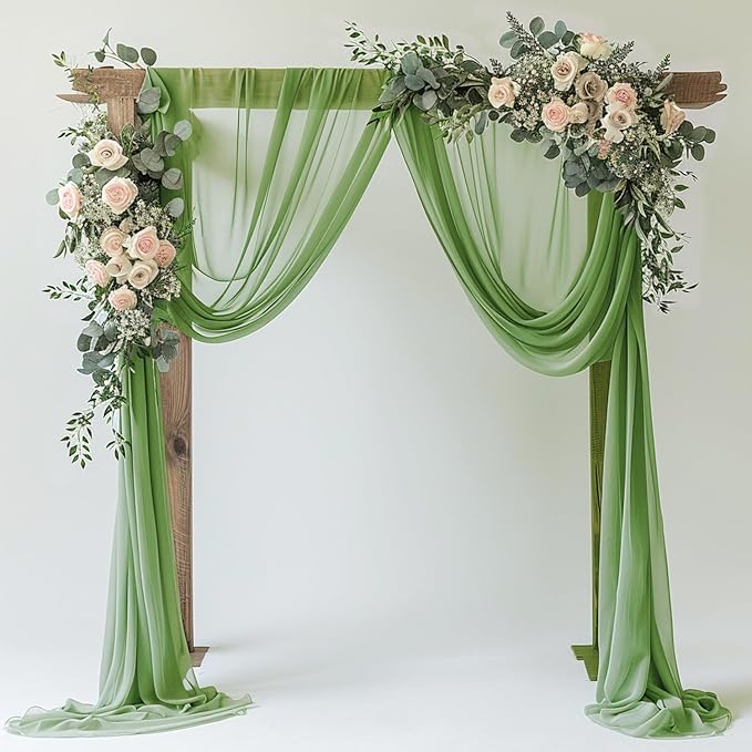 Wokceer Sage Green Wedding Arch Draping Fabric Backdrop 4 Panels 28.7" X 20FT Sheer Drapes Fabric for Wedding Arbor Ceremony Party