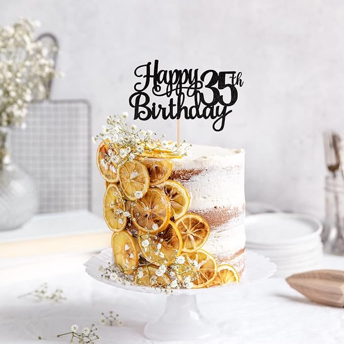 1 PCS Happy 35th Birthday Cake Topper Glitter Cheers to 35 Years Birthday Cake Pick 35 Fabulous Cake Decoration for Happy 35th Birthday Theme Party Decorations Supplies Black
