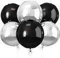 6Pcs Black Silver Round Foil Balloons, 22inch 4D Metallic Silver Black Balloons, Large Round Foil Ball Balloon for Birthday Graduation Christmas New Year Eve Disco Party Backdrop Decorations