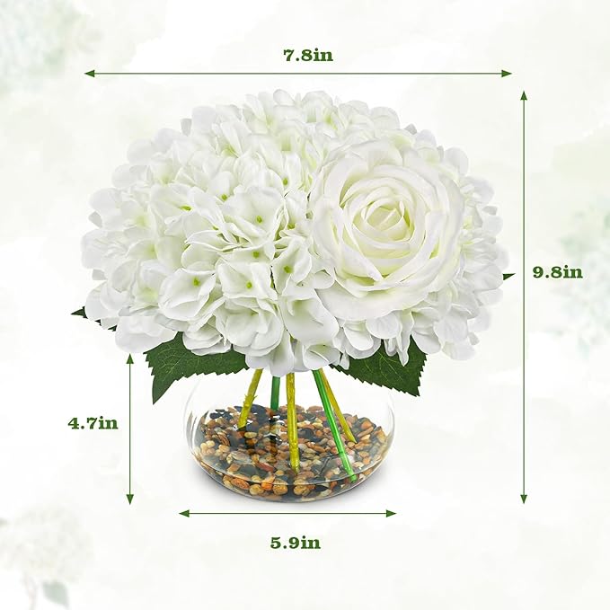 N&T NIETING Artificial Hydrangea Flowers with Vase White Fake Flowers with Rose Faux Hydrangea Flowers with Faux Water Real Stone for Home Office Table Room Wedding Centerpiece Decorations