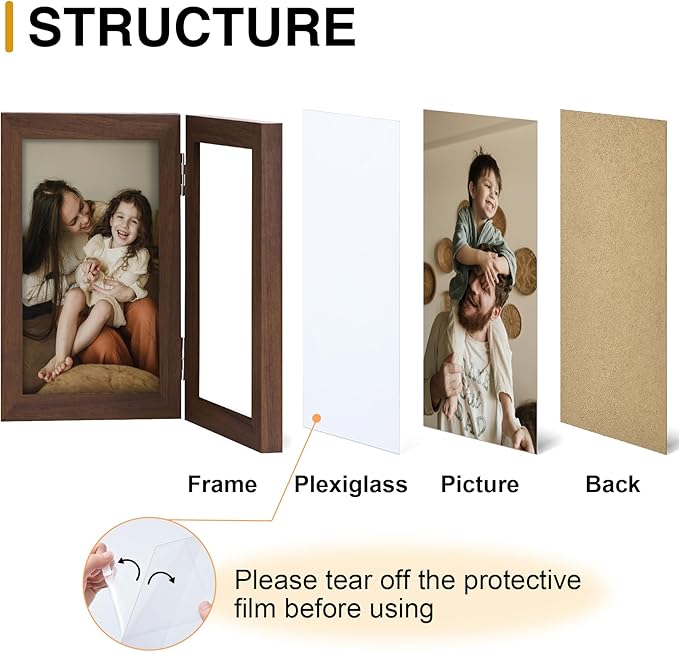 decorUhome Double 5x7 Picture Frame Vertical, Engineered Wood Bifold Photo Frame with Plexiglass for Tabletop Display, 5x7, Brown