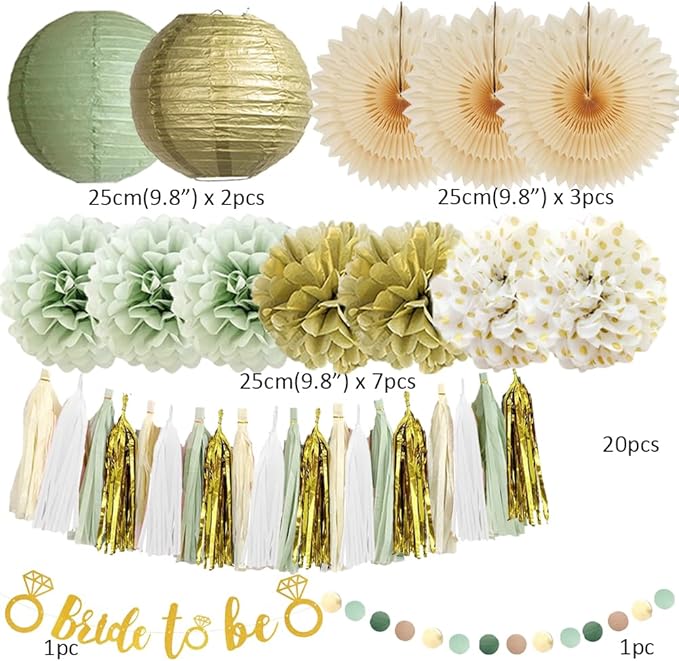 Bridal Shower Decorations Sage Green and Gold Bachelorette Party Decorations Bride to Be Banner Gold Sage Green Paper Pom Poms Lanterns Fans Beige Kit with Beige White Tassel Garland for Wedding