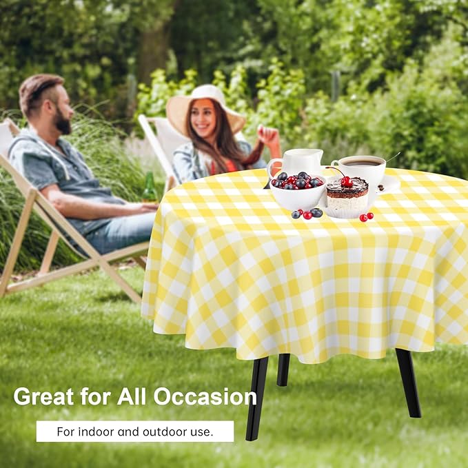 QIKSION Yellow Gingham Round Tablecloth 12 Pack, 84 Inch Plastic Checkered Table Cover Disposable for Parties
