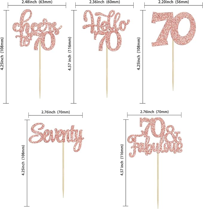 30Pcs Happy 70th Birthday Cupcake Toppers Seventy Cheers to 70 Years Old Birthday Cupcake Picks for 70th Birthday Anniversary Party Cake Decorations Supplies Rose Gold Glitter