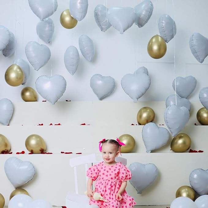 12 Pcs Heart Balloons, 18 inch White Heart Shaped Balloons, Big Foil Helium Balloon, Love Foil Balloon for Wedding Baby Shower Anniversary Backdrop Valentine Party Decorations