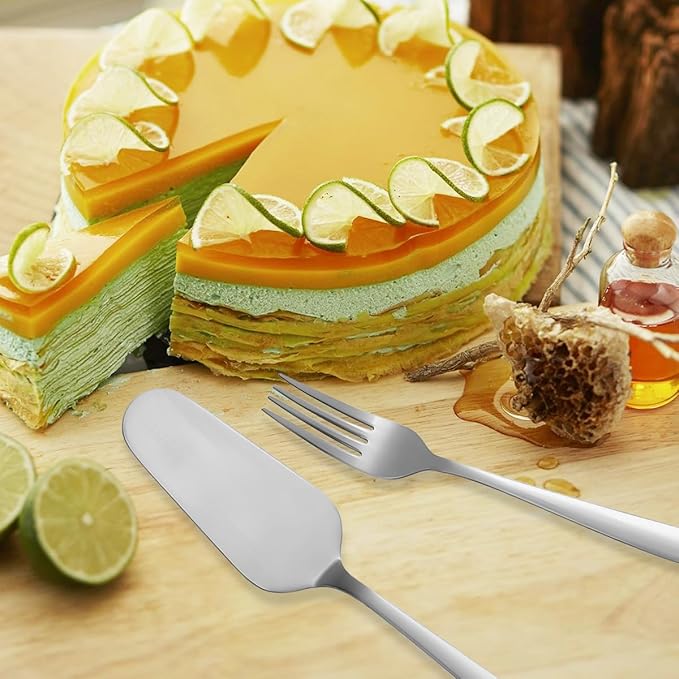 Cake Knife and Server Set with 6 Cake Forks Heavy Duty Thickened 18/0 Stainless Steel Pie Spatula with Comfortable Handle Cake Cutting Set for Wedding (Silver)