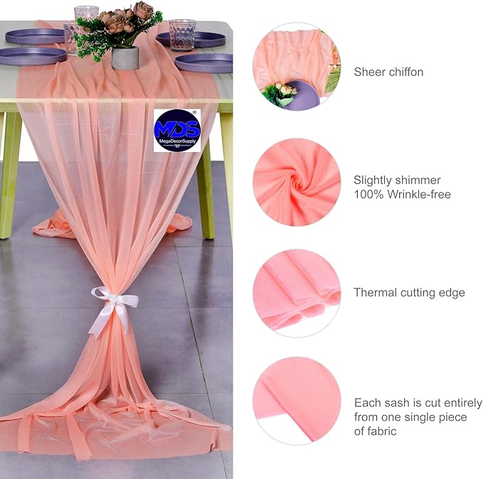 MDS 20 Pack 10ft Chiffon Table Runner 29 x 120 Inches Sheer Wedding Runner Romantic Rustic Table Runner for Wedding Decorations, Birthday Parties, Bridal Shower Party Arch Decor - Peach