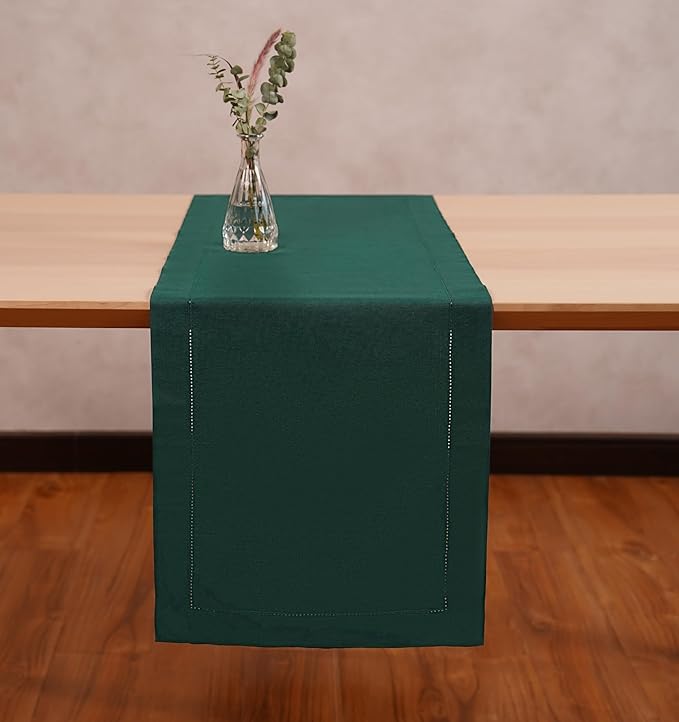 Linen Table Runner 14 x 120 Inch Long - 100% Pure Linen Christmas Green Table Runner - Cloth Fabric Hemstitch Runner for Thanksgiving, Christmas, Winter, New Year - Elara