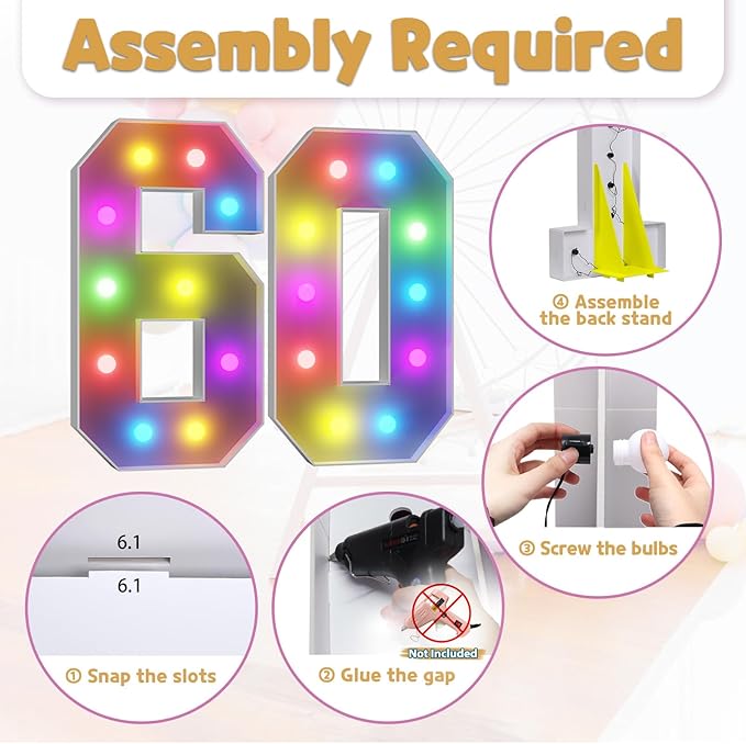 Marquee Numbers Colorful 60th-Birthday Decoration: 4FT Large Light Up 60 Year Old Birthday Decorations Anniversary Backdrop for Men Women Cardboard White Sign 18 Colors Number 60 Mosaic Balloon Frame
