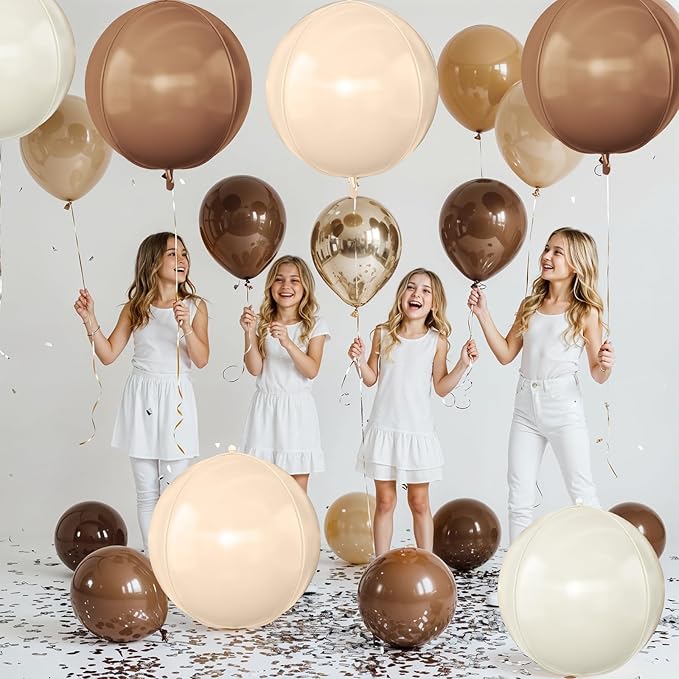 6Pcs Nude Cream Beige Round Foil Balloons, 22inch 4D Apricot Brown Tan Large Ball Balloons, for Boho Birthday Wedding Baby Shower Party Backdrop Decorations