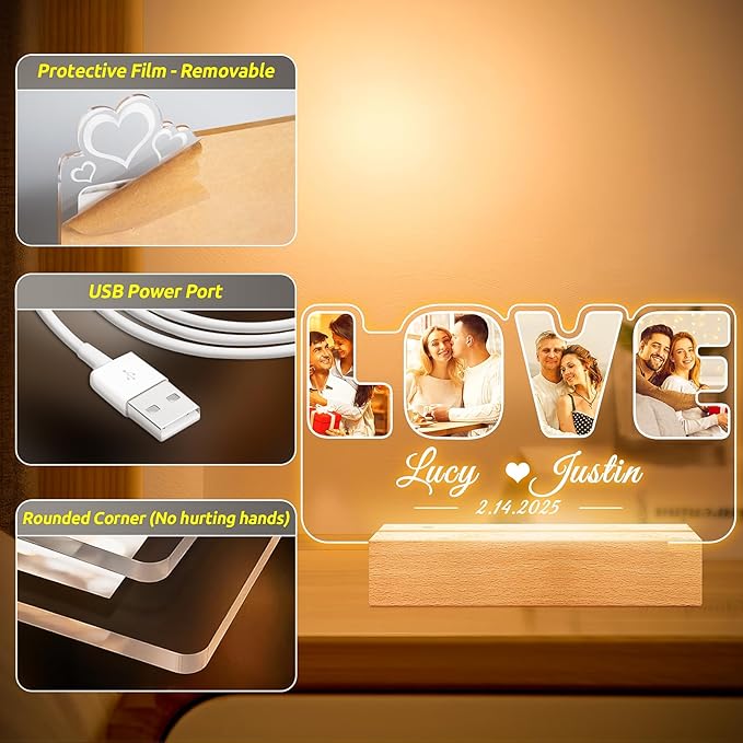 Custom Picture Frames with Photos, Personalized Photo Frame with Night Light, Customized Picture Frame, Personalized Anniversary Wedding Gifts for Women Men Her Him Boyfriend Girlfriend Couples