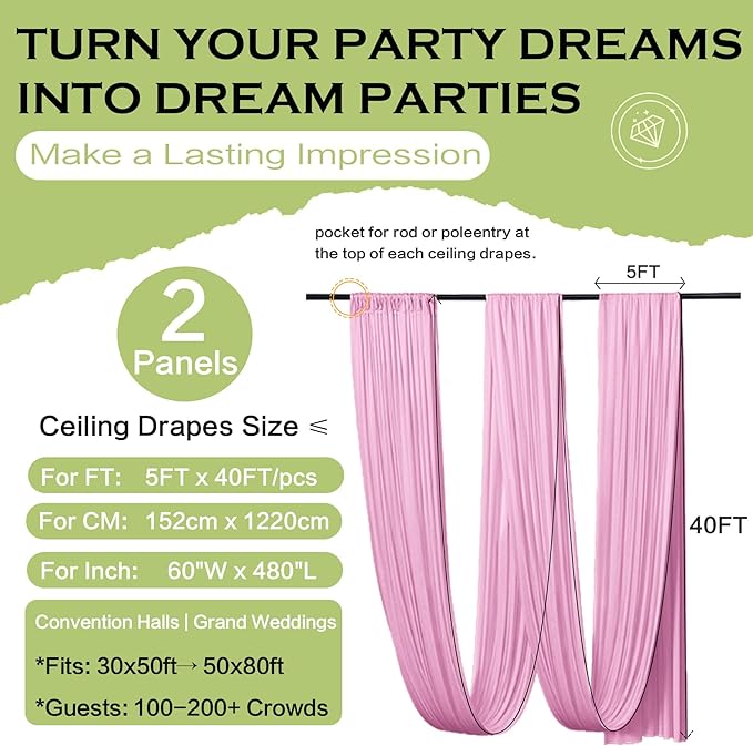PartyVillage 10ftx40ft Baby Pink Ceiling Curtain for Wedding Parties – 2 Panels Wrinkle-Free 40 FT Long Tent Draping Curtains for Wedding, Birthday & Theme Parties, 40ft Height with Rod Pocket