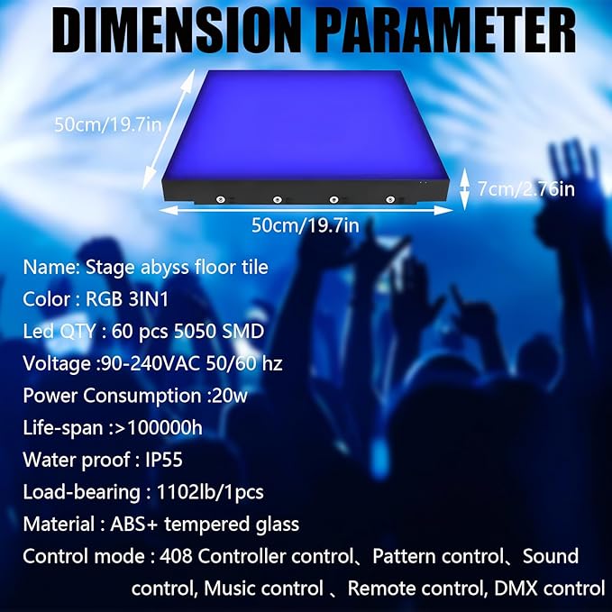 Dance Floor Stage Lights Tempered Glass Infinity Mirror Panel 3D Effect Led Dance Floor for Wedding Party Customizable (RGB-Magnetic, 100PCS(16.4FTX16.4FT))