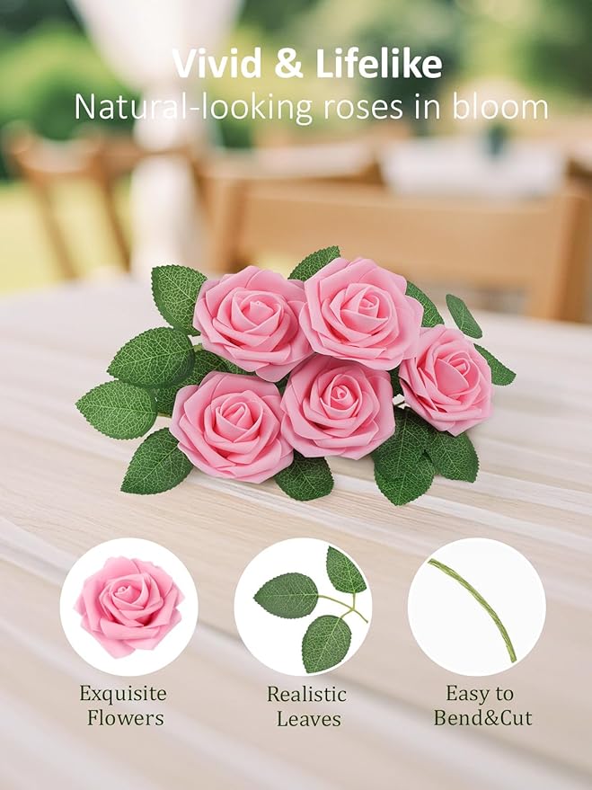 N&T NIETING Artificial Flowers Pink Roses, 50Pcs Fake Flowers Foam Roses with Stems for DIY Wedding Bridesmaid Bridal Bouquets Centerpieces Party Home Decoration Baby Shower