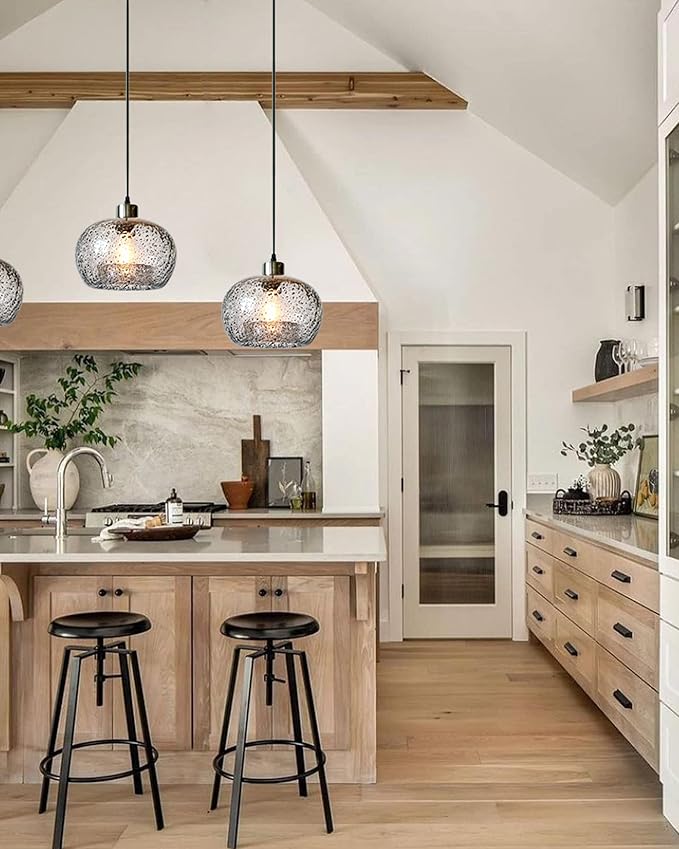 CASAMOTION Pendant Lights Kitchen Island,Clear Seeded Glass with Black Sand Powder,Modern Farmhouse Ceiling Hanging Lighting Fixtures,Dining Room Table Bedroom Oval Globe 8.7 Inch Diam 2 Pack