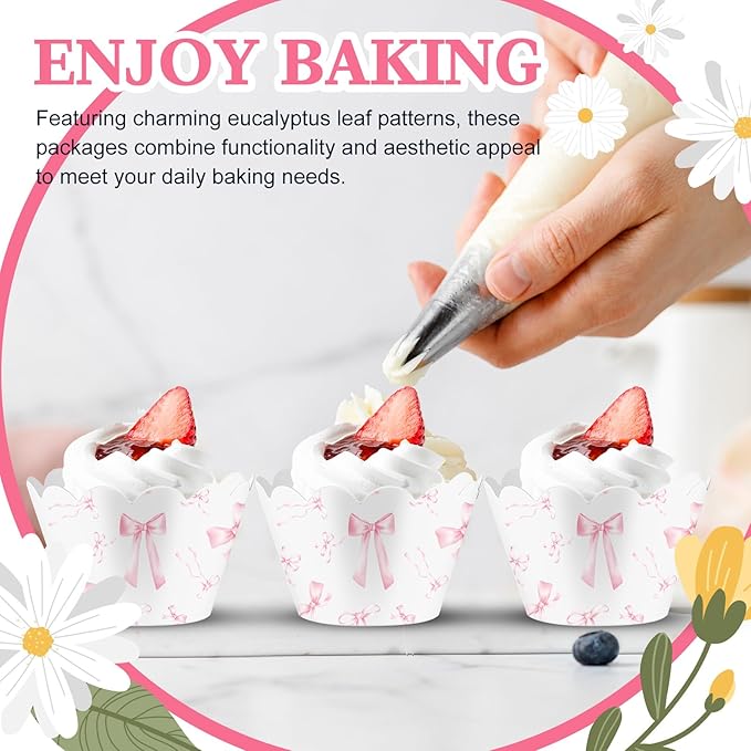 Domensi 100 Pcs Pink Bow Cupcake Wrappers Rustic Cupcake Liners Pink Baking Cups Baking Liners for Wedding Bridal Baby Shower Birthday Breast Cancer Awareness Party Supplies Dessert Decoration