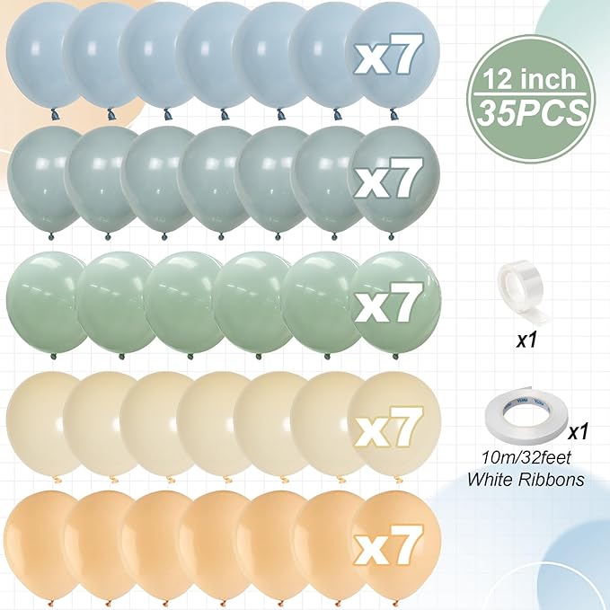 Sage Green Dusty Blue Balloons, 12 Inch Retro Slate Light Blue Olive Green White Sand Beige Nude Eucalyptus Latex Balloon for Boho Rabbit Birthday Wedding Toy Baby Shower Woodland Party Decor