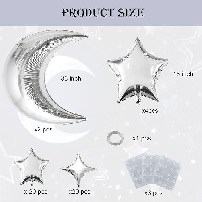 50pcs Silver Moon and Star Balloons,36"Moon Foil Balloons 18"10" Star Foil Balloons Four Pointed Star Balloon Mylar Balloon for Baby Shower Christmas Wedding Birthday Party