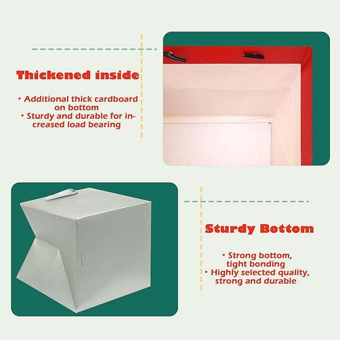 ADIDO EVA Silver Square Gift Bags Large Size Square Bottom Paper Bags with Handles for Party Favor, Shopping Bag (12x12x12 In, 10 CT)