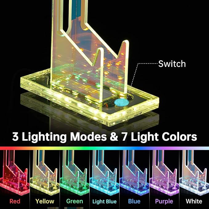 NiHome Iridescent LED Lighting Acrylic Multi-Tier Game Controller Holder & Headset Stand, USB-Powered 7 Colors & 3 Modes, Anti-Slip Gaming Accessories for Desktop, Cable Management (2 Tiers)