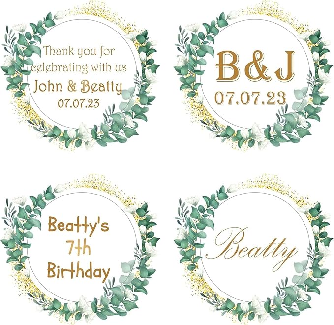 Custom Stickers for Weddings, Birthdays & Businesses - Personalized Labels with Your Logo - Waterproof, Fade and Heat Resistant - Pack of 100-1000 (Wreath V, 3 Inch)