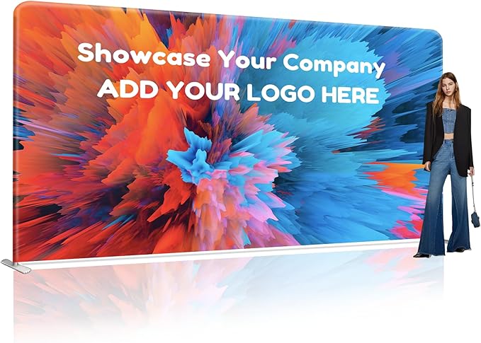 Custom Stand Backdrop with Aluminum Stand, 7.5x16.4ft Commercial Tension Fabric Banner, Single-Sided Printing for Trade Show, Weddings, Party, Business