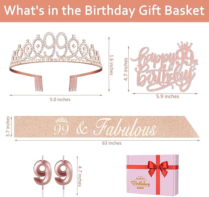 99th Birthday Decorations for Women Including Birthday Sash and Tiara, Candles and Cake Topper, Gifts for 99 Year Old Woman, Rose Gold Party Decor Supplies