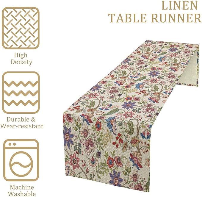 Spring Floral Table Runner, Boho Floral Pattern Natural Plant Table Decoration for Home Kitchen Restaurant Holiday Party, 13in W x 36in L