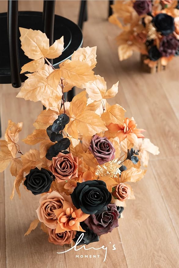 Ling's Moment 17.5" Tall Standing Artificial Flowers Arrangements 4pcs Fall Wedding Aisle Runner Chair Decorations Orange Black Centerpieces for Ceremony Reception Rose Floral Party Outdoor