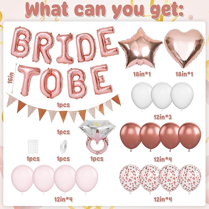 Rose Gold Bachelorette Party Decorations, Bride To Be Bridal Shower Balloons Decorations, Pink White Rose Gold Confetti Balloons and Diamond Ring Star Heart Balloon for Bachelorette Engagement Wedding