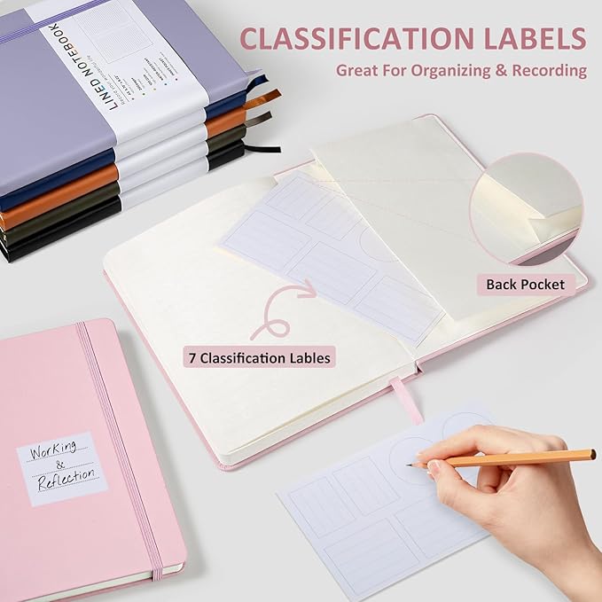 Lined Journal Notebook for Women Men, 200 Pages A5 Hardcover Leather Journals 5.7” x 8.3”, A5 College Ruled Notebooks with 100 GSM Thick Paper for Writing,Travel,School,Office,Work,Business（Pink）