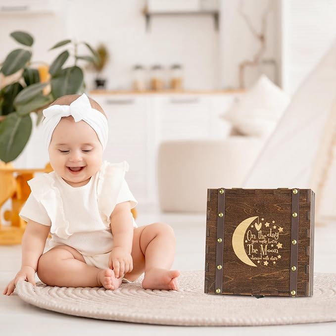 AW BRIDAL Baby Keepsake Box Engraved Wood Memory Box for Baby Newbron Girls Boys Stroage Box with Lid Baby Shower Gifts Wood Storage Box