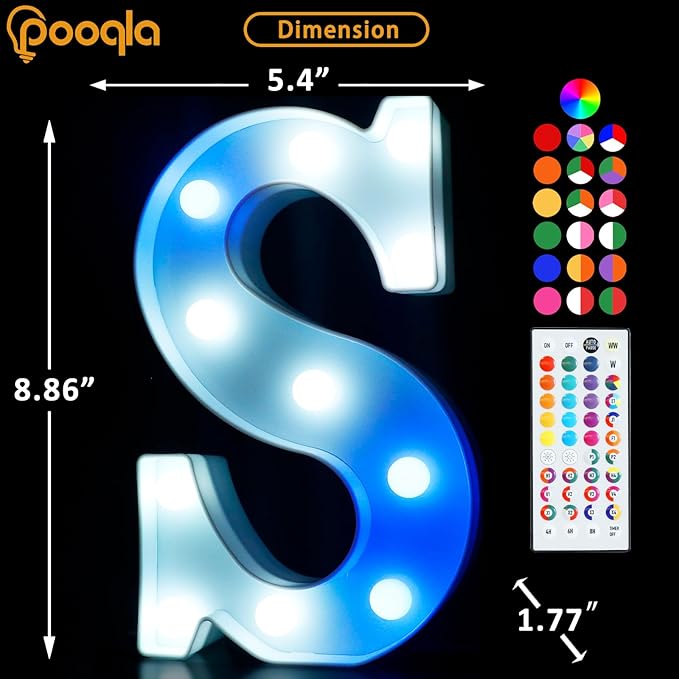 Pooqla Colorful Light Up Letters with Remote, Upgraded 35 Colors LED Marquee Letters, RGB Lighted Letter for Girls Teenager Gift, Birthday, Party, Wedding, Night Light, Room, Bedroom Decor, Letter S