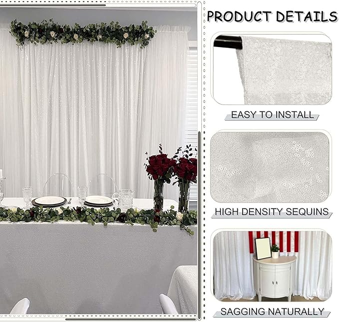 White Sequin Curtains 8FTx8FT - 1 Panel Party Backdrop Glitter for Birthday Wedding