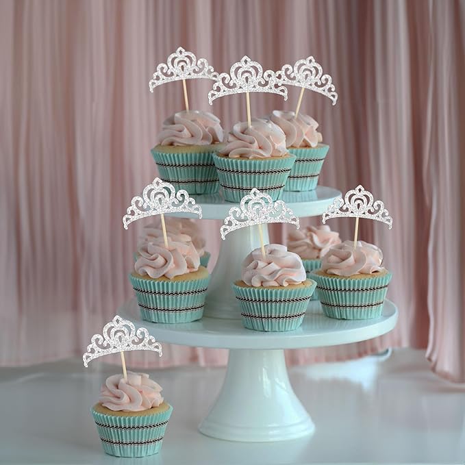 Gyufise 24Pcs Silver Princess Crown Cupcake Toppers Glitter Princess Cake Pick Decorations for Wedding Girl Birthday Baby Shower Party Decorations